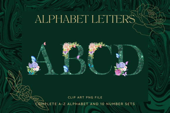 Butterfly Floral Alphabet Glitter Font for Graphics and Illustrations