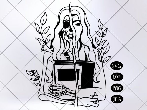 Floral Skeleton Woman Holding Book Svg for Graphics and Illustrations