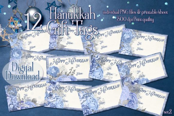 Happy Hanukkah Blue Floral Gift Tags for Graphics and Illustrations