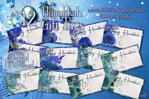Happy Hanukkah Mix Blue Floral Gift Tags Graphics and Illustrations